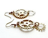 Steampunk Gear Earrings brass metal gear dangling Handmade Graduation Gift Free US Shipping