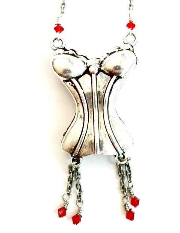 Bustier Necklace Silver corset red crystal Pendant Handmade Graduation Gift Free US Shipping