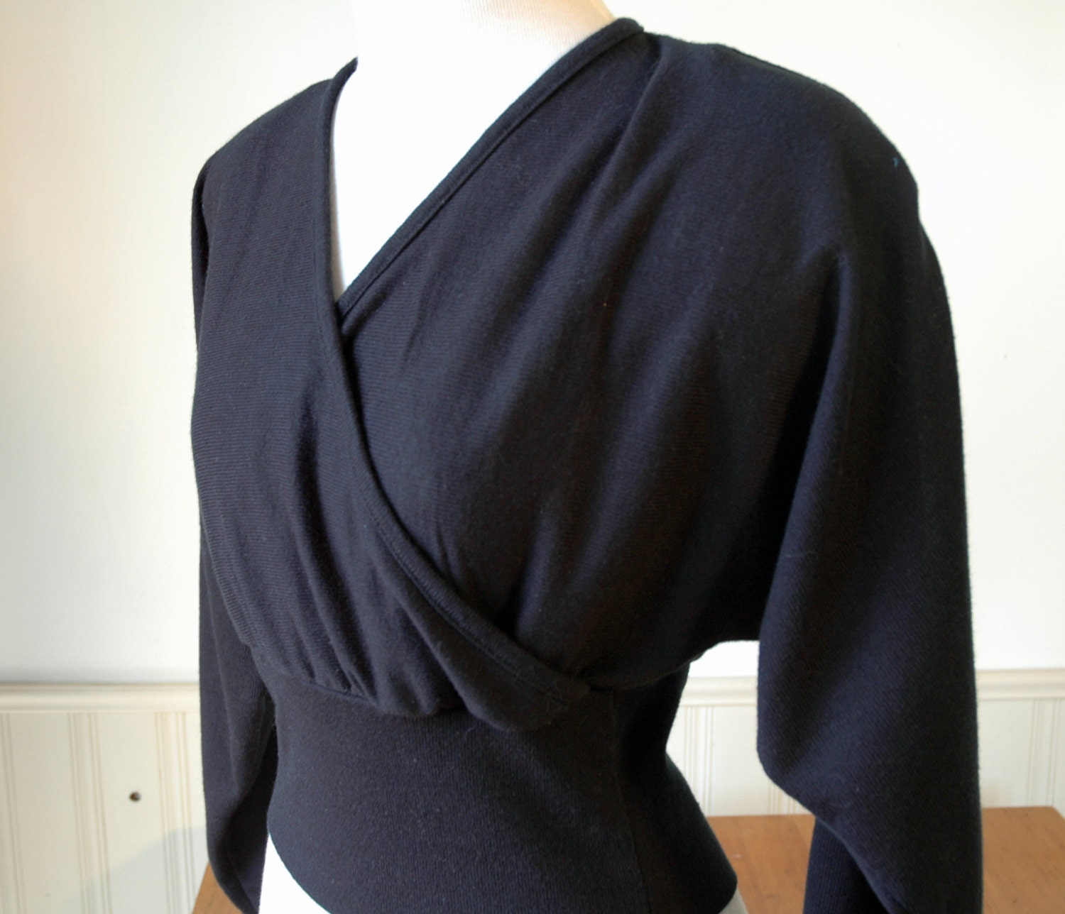 Vintage 90's Black Batwing Sweater Top, Tight Waist, Shoulder Pads, Women's Small