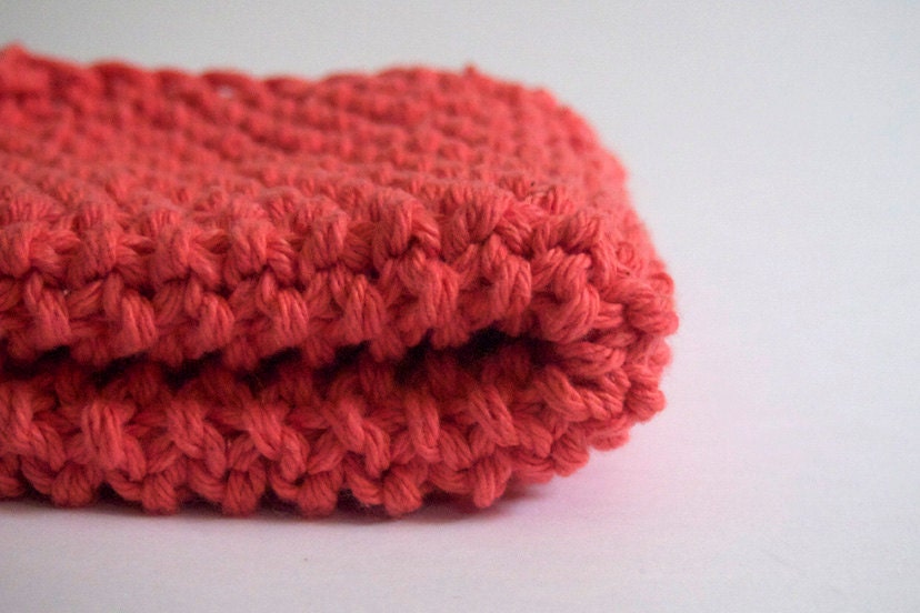 hand knit plushy cotton washcloth  in coral pink