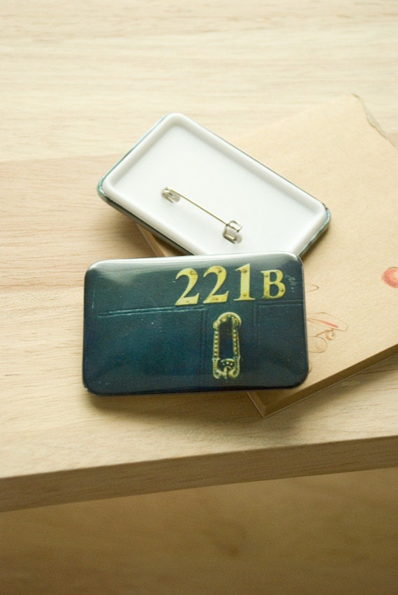 SHERLOCK 221B badge square pinback button 4x6 cm