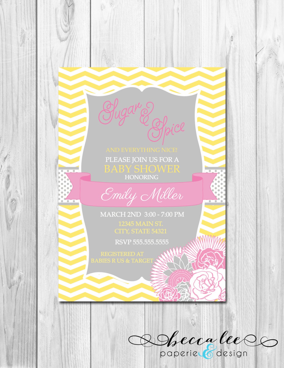 Floral Chevron Sugar & Spice Baby Shower Invitation - Pink and Yellow - DIY - Printable Il_170x135