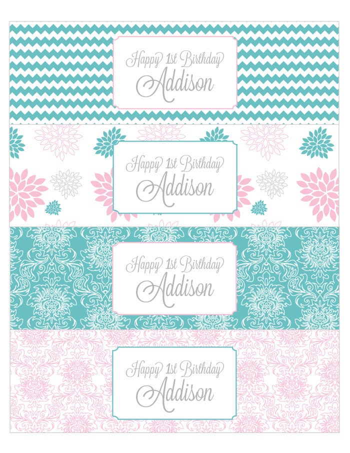Pink and Teal Dahlia Printable Water Bottle Labels