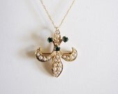 Vintage - Antique 14K Gold Fleur-de-Lis Pendant/Pin with Seed Pearls and Emeralds - Fine Jewelry - Spring Jewelry - Easter Jewelry