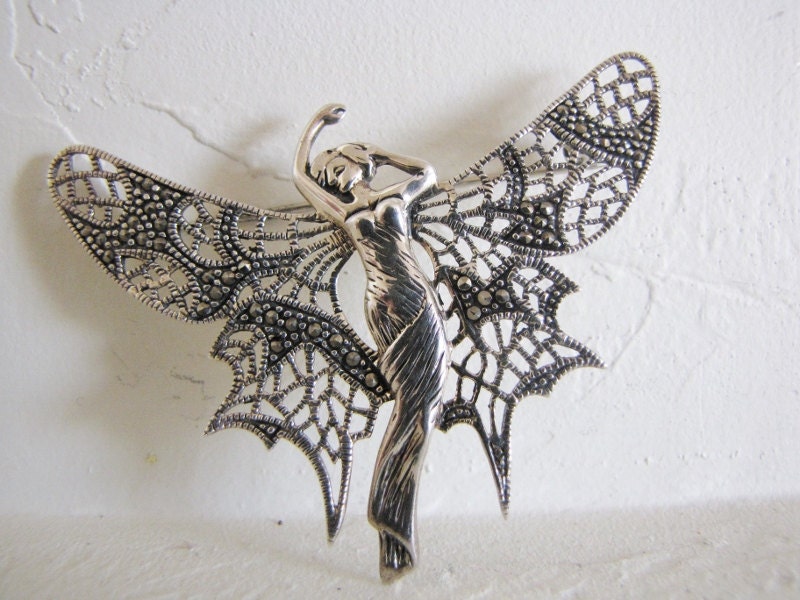 Glorious Fairy Of The Woods Brooch In Sterling Silver With Dazzling Marcasite Gem Embellishments - Mother's Day Gift, Birthday Gift