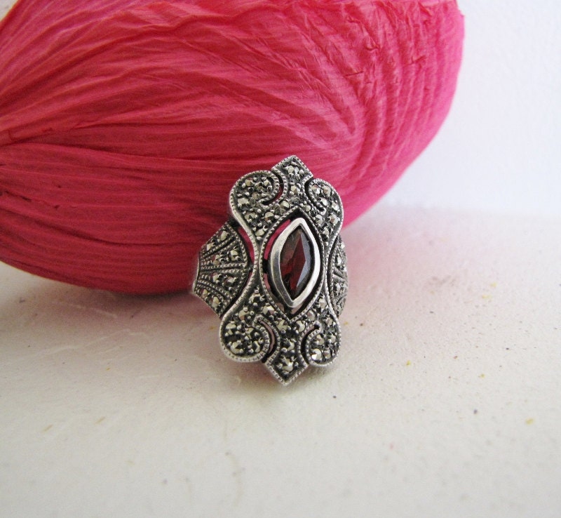Stunning Art Deco Sterling Silver, Garnet And Marcasite Ring-Size 5 3/4 Mothers Day Jewelry, Birthday Any Special Occasion - Statement Ring
