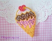 Cream, Chocolate and Strawberry Ice Cream Cone Cookie Brooch - Sweet Deco Decoden Cute Kawaii Handmade Miniature Sweet Jewelry