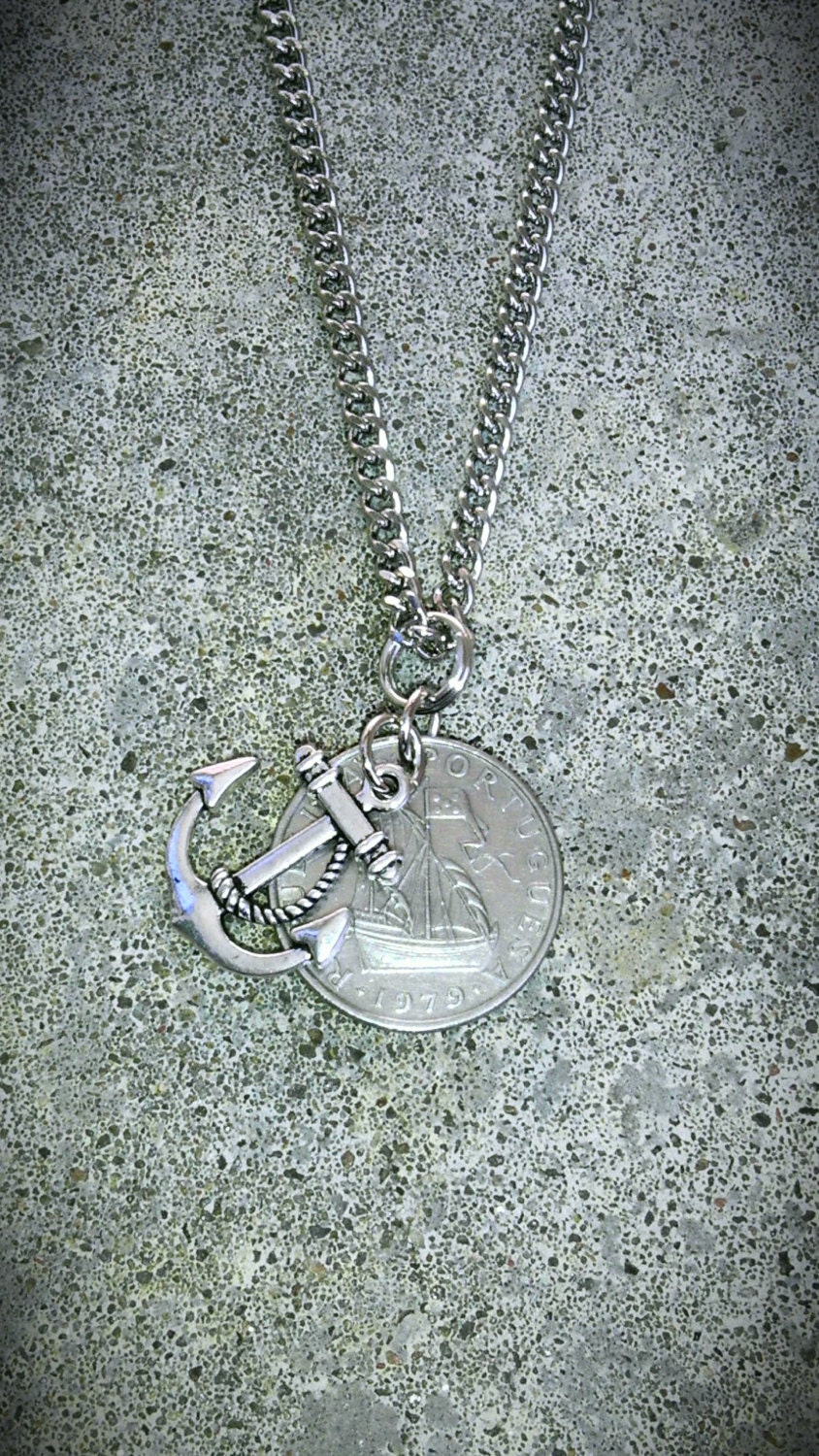NECKLACE Vintage PORTUGAL Portuguese Nautical SailBoat Ship Anchor charm Foreign silver tone coin money pendant curb chain jewelry men women