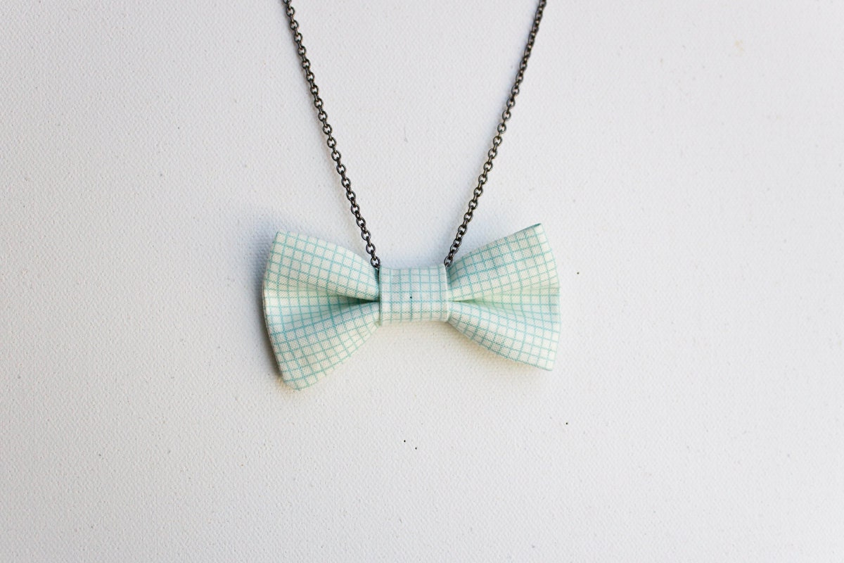 White Bow Tie Necklace with Green Graph Lines