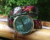 Leather Tooled 'Mushroom' Wrap Watch - Personalized - Hippie - Colorful - Painted - Handmade