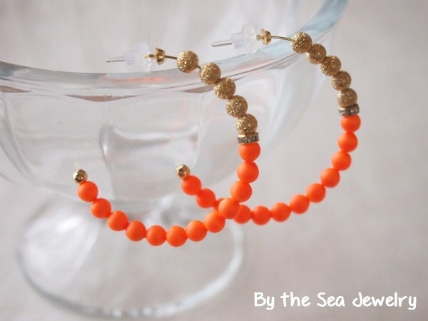 Swarovski neon Orange & gold stardust beads hoop earrings, plastic earrings,Allergy Free
