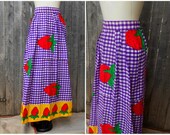 70s Vintage Maxi Skirt Strawberry Purple Gingham Yellow High Waist Novelty Print Small S