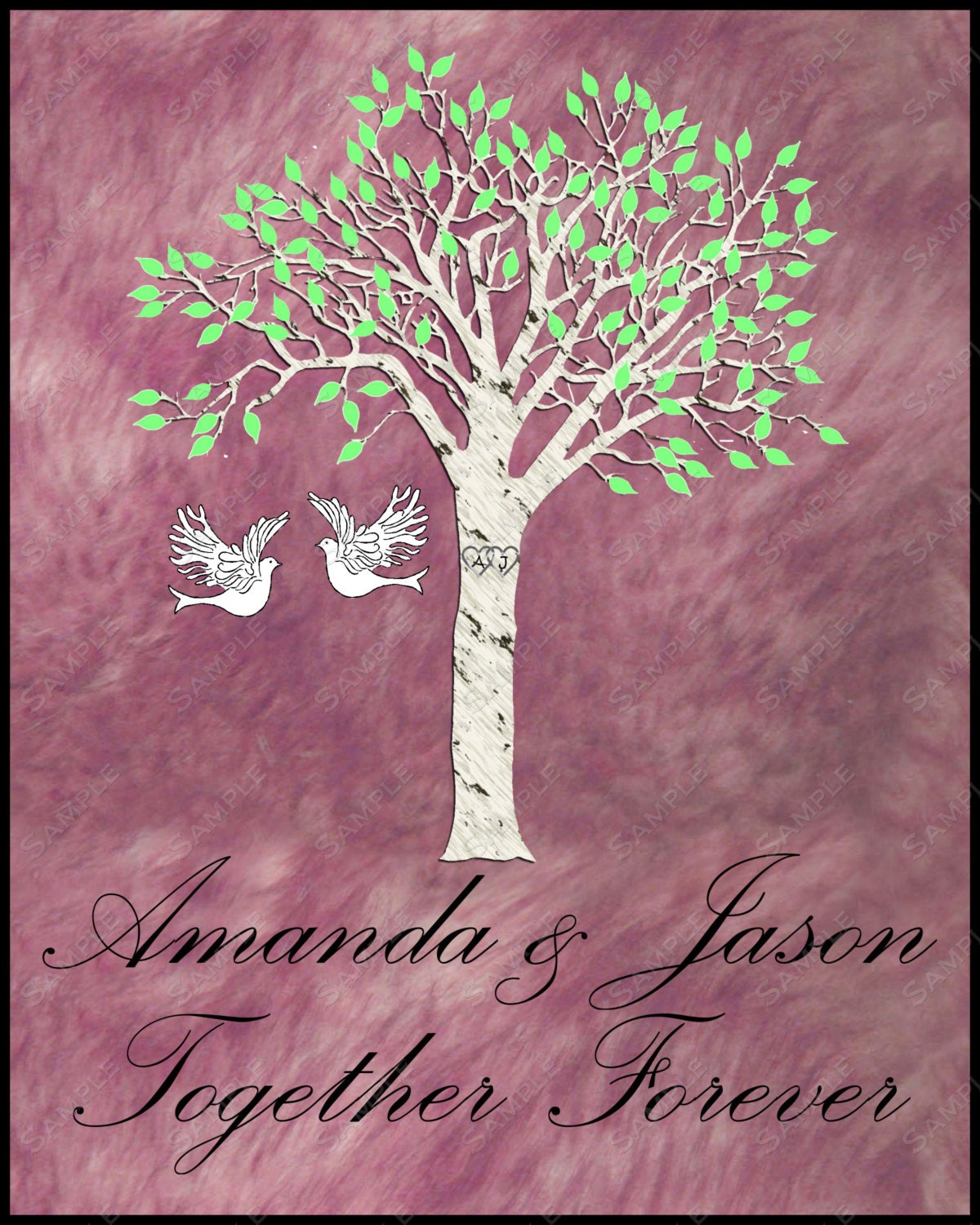 Wedding Tree Gift Idea Personalized Print with Love Birds and Hearts