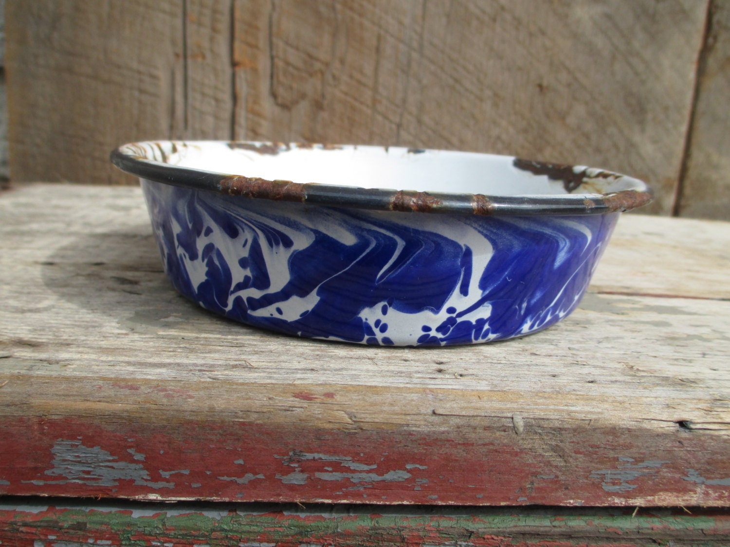enamelware blue bowl farmhouse decor blue and white swirl enamel container - TheBeautifulBarn