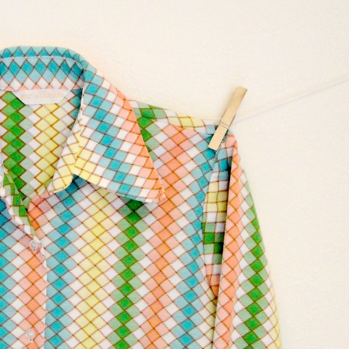 Vintage. 70's. Button Up Shirt. Multicolored. Ombre Checkered Print. Vertical Stripes. Collar. Cuffs. Retro. Funky. Medium Large M L