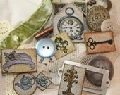 Ephemera pieces, an Eclectic set of 10 pc. handmade collage , mixed media, altered art or scrapbook items.