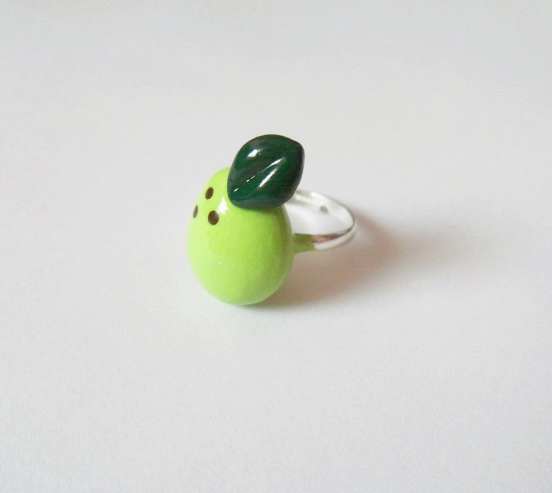 Fruity Green Pear Ring - Handcrafted Polymer Clay Jewelry - Silver Plated, Nickel Free, Lead Free Ring
