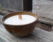 100% Soy Wax Candle Wood Wick Brown Glazed Pottery Bowl