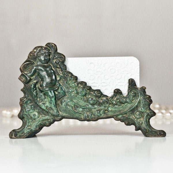 Business Card Holder: Cherub Desk Organizer Metal Letter Holder, Turquoise Office Organizer, Card Display, Picture Holder Display, Stand