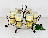 Moroccan Style Glasses Cups with a Metal Holder, Tea Serving Glasses Rack Stand, Islamic Glasses with Decorative Pattern in White & Gold