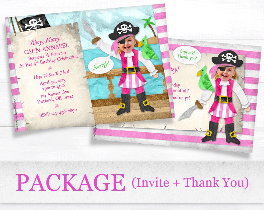 Pirate Girl Birthday Party PACKAGE Printable Invitation and Thank You Card
