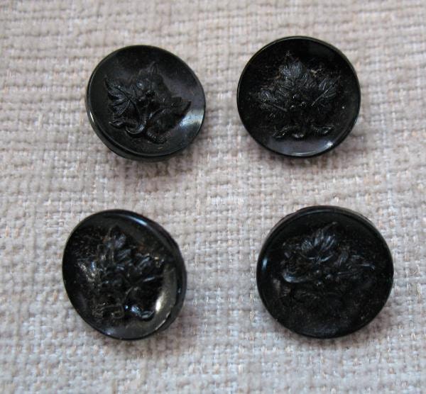 Set 4 Antique Victorian Buttons Black Glass Grape Leaves