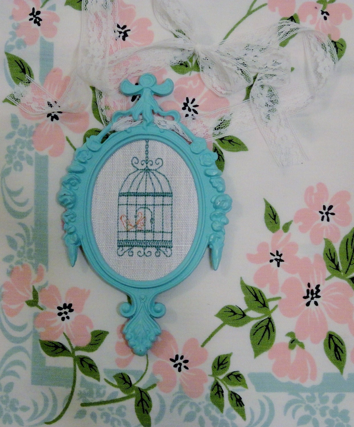 tiffany aqua blue framed embroidered birdcage wall wear decor, shabby french cottage chic linen bird cage picture hanging