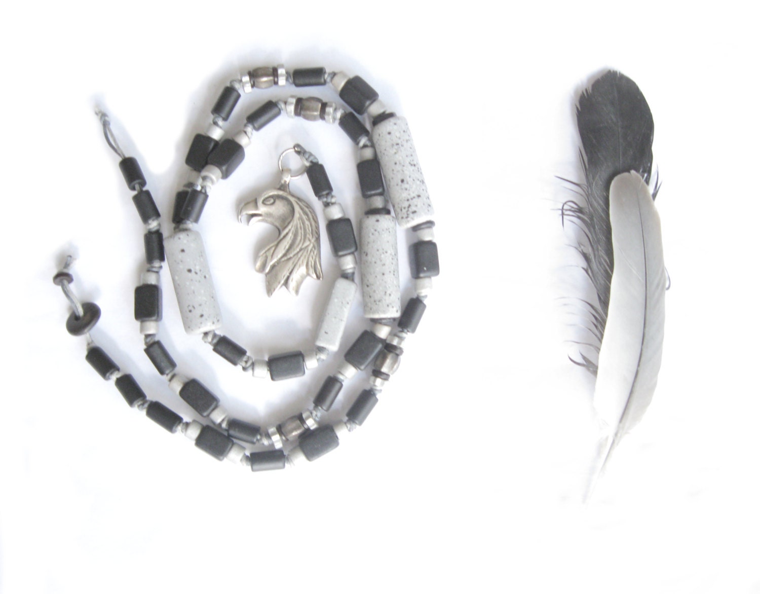 Unisex Rosary Style Necklace "EAGLE". Ceramic beaded, OOAK, handmade, metal pendant