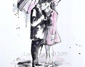 Love rain romance kiss Original Watercolor Painting, contemporary modern wall art illustration abstract home wall decor