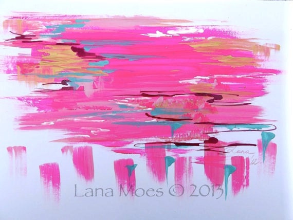 Custom Painting Abstract Pink Landscape Original Acrylic Painting  on Canvas Modern Home Decor - Pink, Gold, Teal Neon Colors