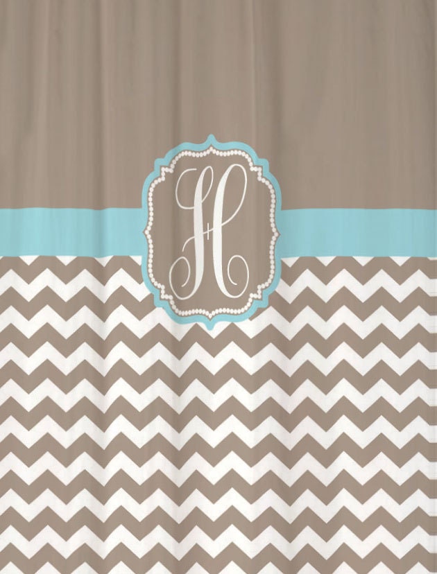 Shower Curtain Taupe Half Chevron with Light Blue Accents 69x70" Monogrammed Personalized Custom for Your Bathroom