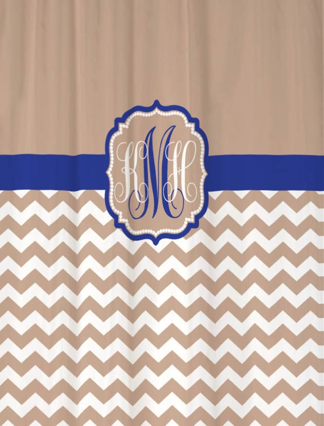 Shower Curtain Beige Half Chevron with Royal Blue Accents 69x70" Monogram Personalized Custom for your Bathroom