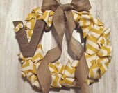 Front Door Wreath - Yellow Chevron Pattern with Large Burlap Bow and Jute Wrapped Monogram Initial