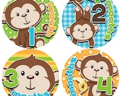 Monthly Onesie Stickers - Baby Boy - FREE NEWBORN SET - Cute Monkey- Colorful- Blue Green Orange Yellow Baby Month Stickers - Sheet no.319