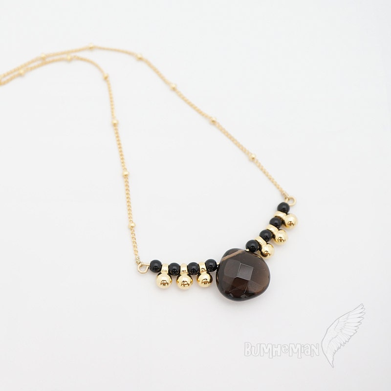 Black Seed Beads with Smoky Quartz Briolette, Ball Chain, 16k Gold Plated, 16" Necklace