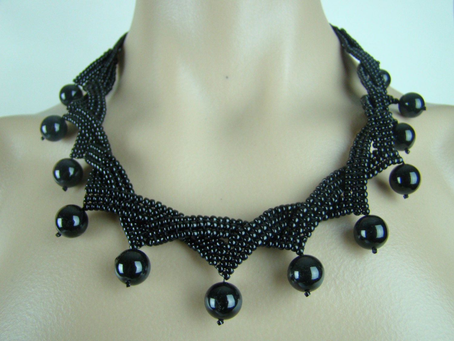 Ribbon and pearl necklace, black  pearl seed beads necklace, fringe pearl necklace, seed beads jewelry, 7PM boutique, weaved necklace