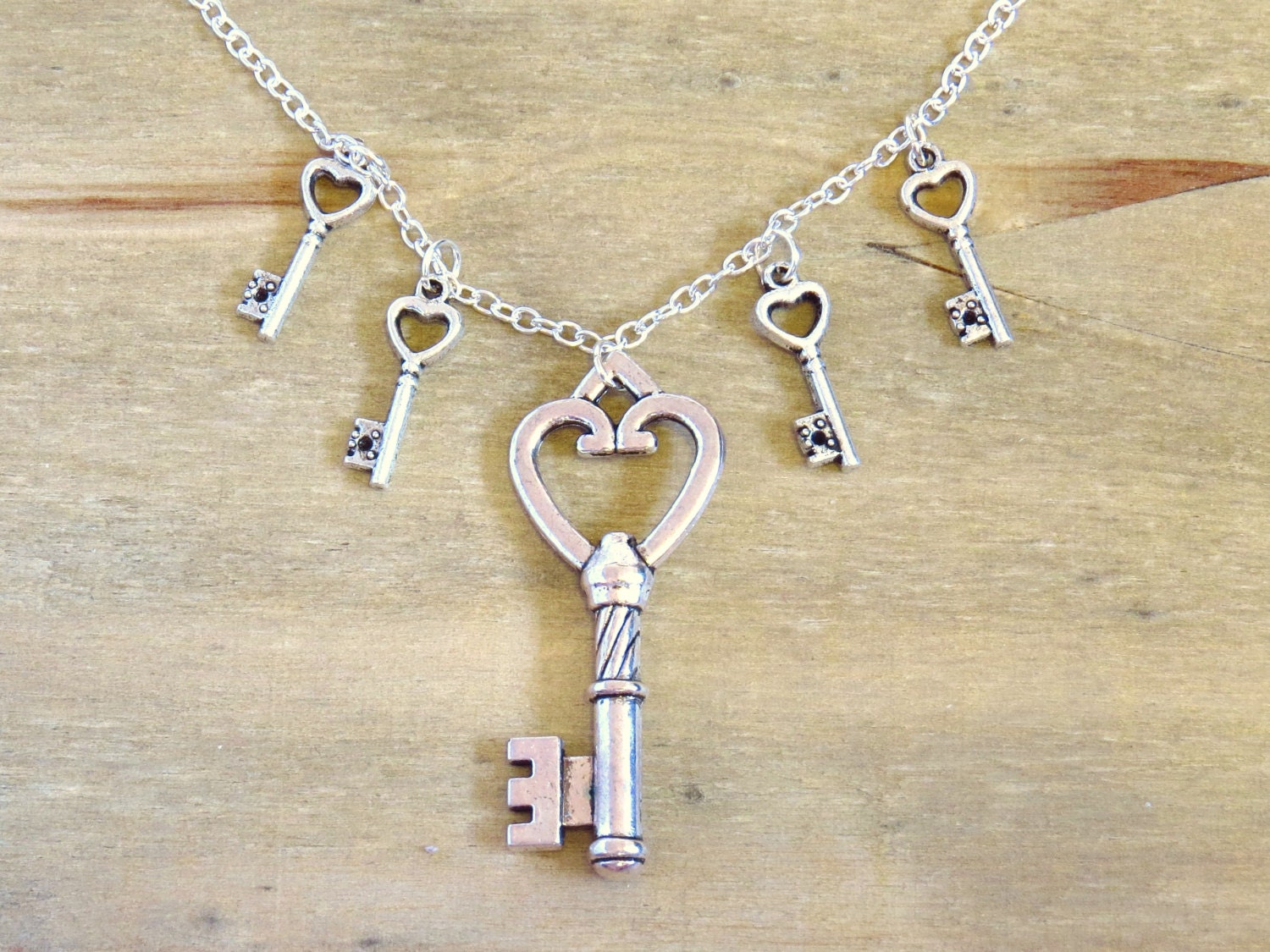 Key Charm Necklace - Cute, Pretty Statement Silver Plated Jewelry - Five Key Charms - Quirky, Fun Jewellery - Under 20 Dollars
