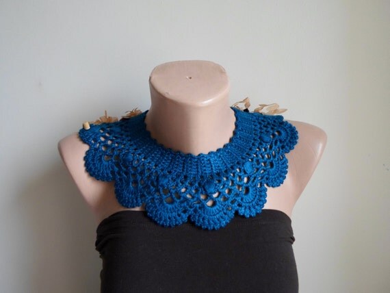 Collar Necklace, Cotton crochet Peter Pan Collar Necklace, Teal Blue,  oil blue. Blue .for her.