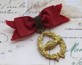 Antique French Gold Metal Friendship Pin on Crimson Ribbon
