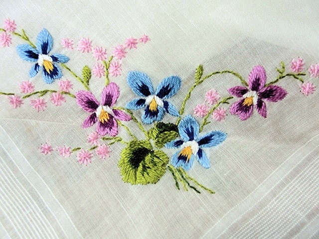 Vintage Hand Embroidered Floral Handkerchief Hand Rolled Hanky Sweet Blue Pink Flowers Pansies Special Bridal Wedding Hankie