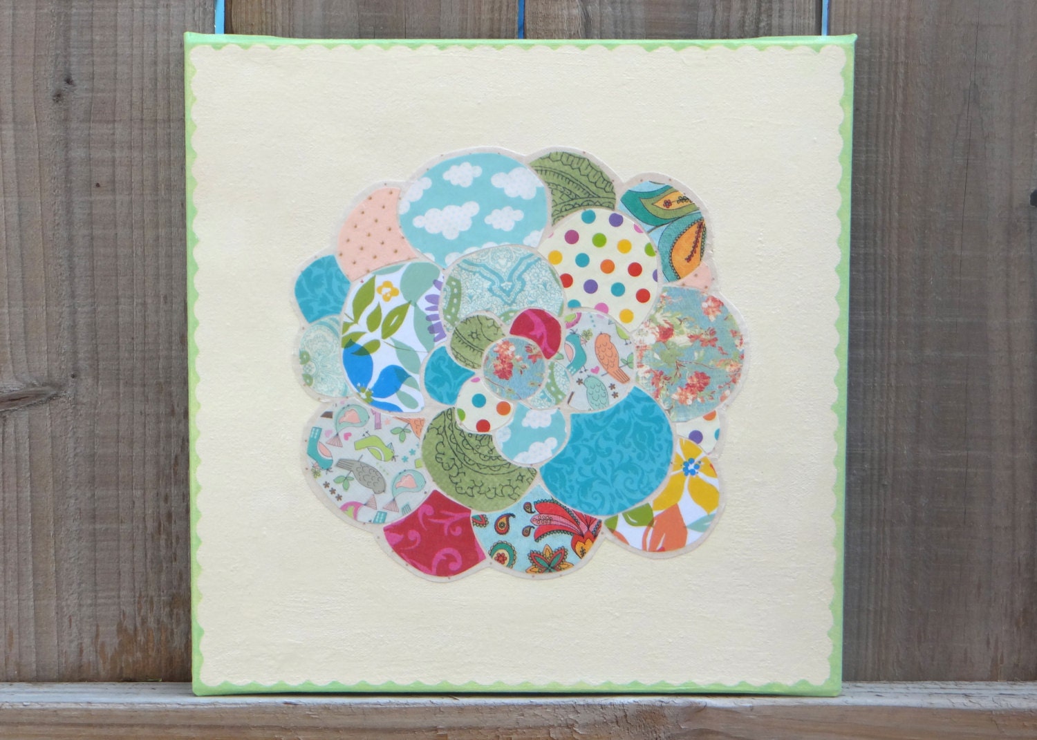 Nursery wall art, Zinnia collage on 12"x12" canvas, light green scalloped border