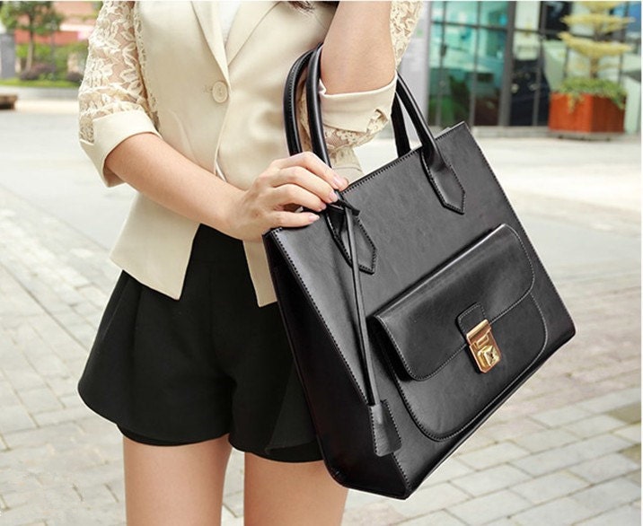Women Black Leather Tote Bag-Shopper-computer-Ipad-MacBook Bag-Shoulder-Handbag- Leather Satchel /Briefcase/Leather bag purse/handbags Bags