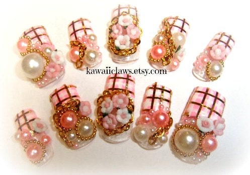 Plaid Princess- pink gold plaid nails with pearls, chains, and roses full false/fake 3D nail Japanese lolita kawaii Hime gyaru