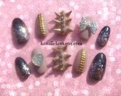 Glam Nude Black Glitter Sparkly Gold Spiked & Studded 3D Nails 3D False/Fake Nail