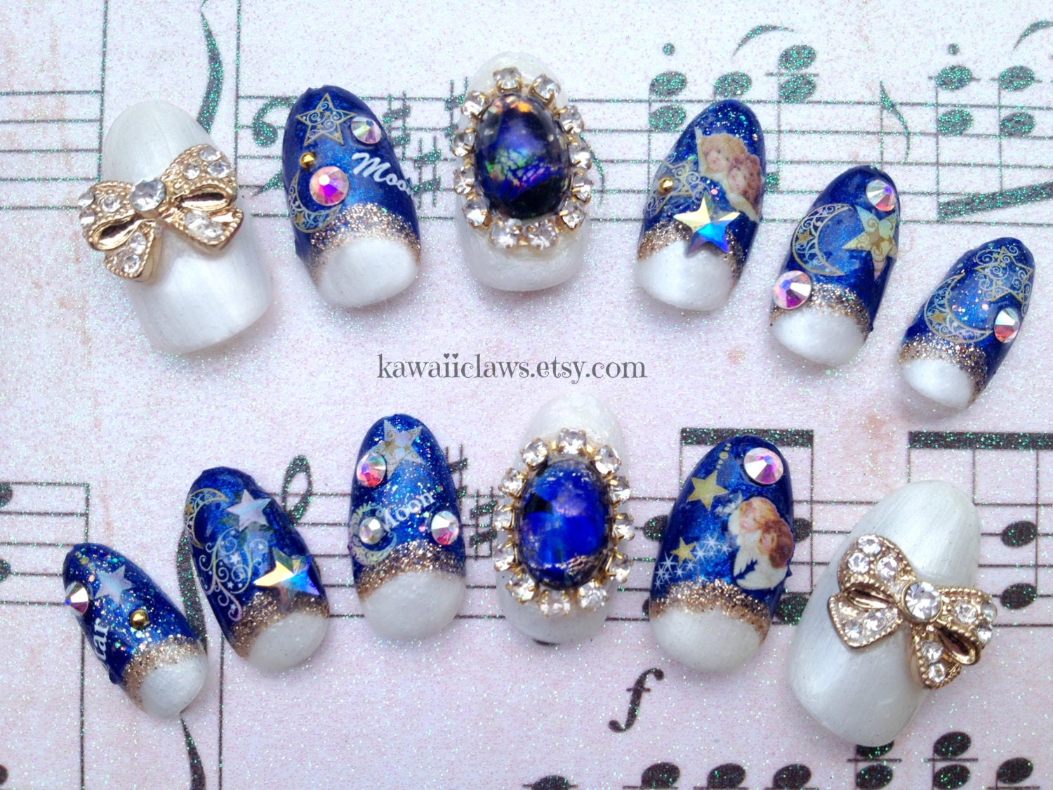 Celestial Sweetness Moon & Stars 3d false fake nail art with Swarovski and fire opal