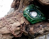 Dragon Eye Funtioning Fantasy Pocket Watch in Green, Polymer Clay Swarovski