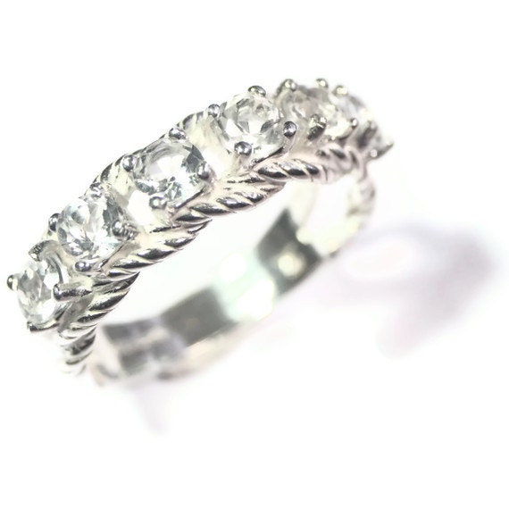 White Topaz Ring, Affordable Wedding Band, Six Stone Braided Ring, Faux Diamond, Sterling Silver Jewelry