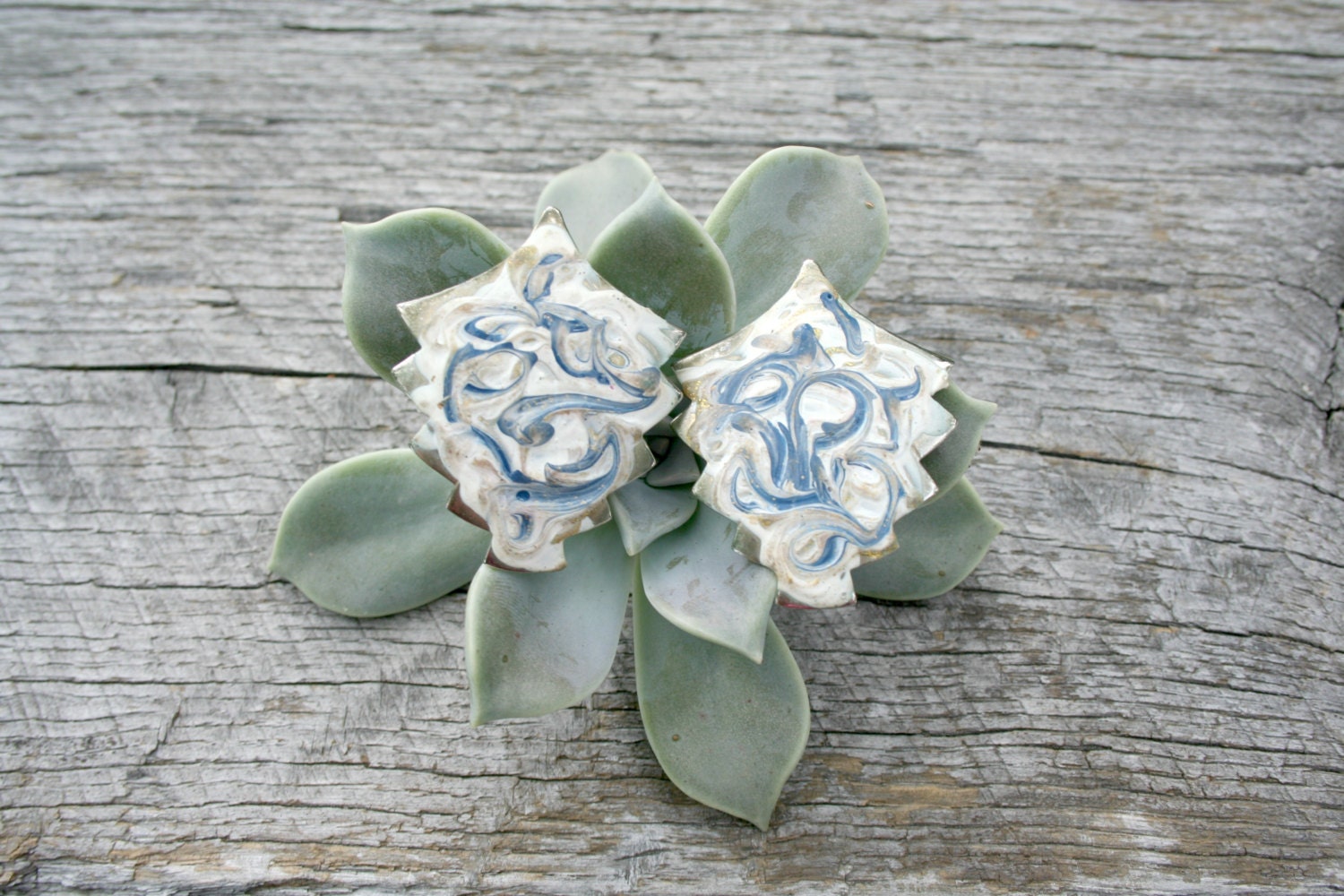 Vintage Earrings Hand Painted Blue and White Swirl Gold Glitter Geometric Shape Vintage Jewelry