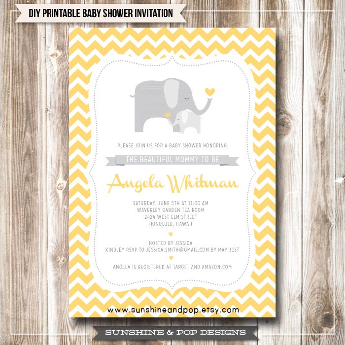 Elephant Baby Shower Invitation - Yellow Chevron Baby Boy Girl Gender Neutral Invite - DIY Printbale Invitation Il_170x135
