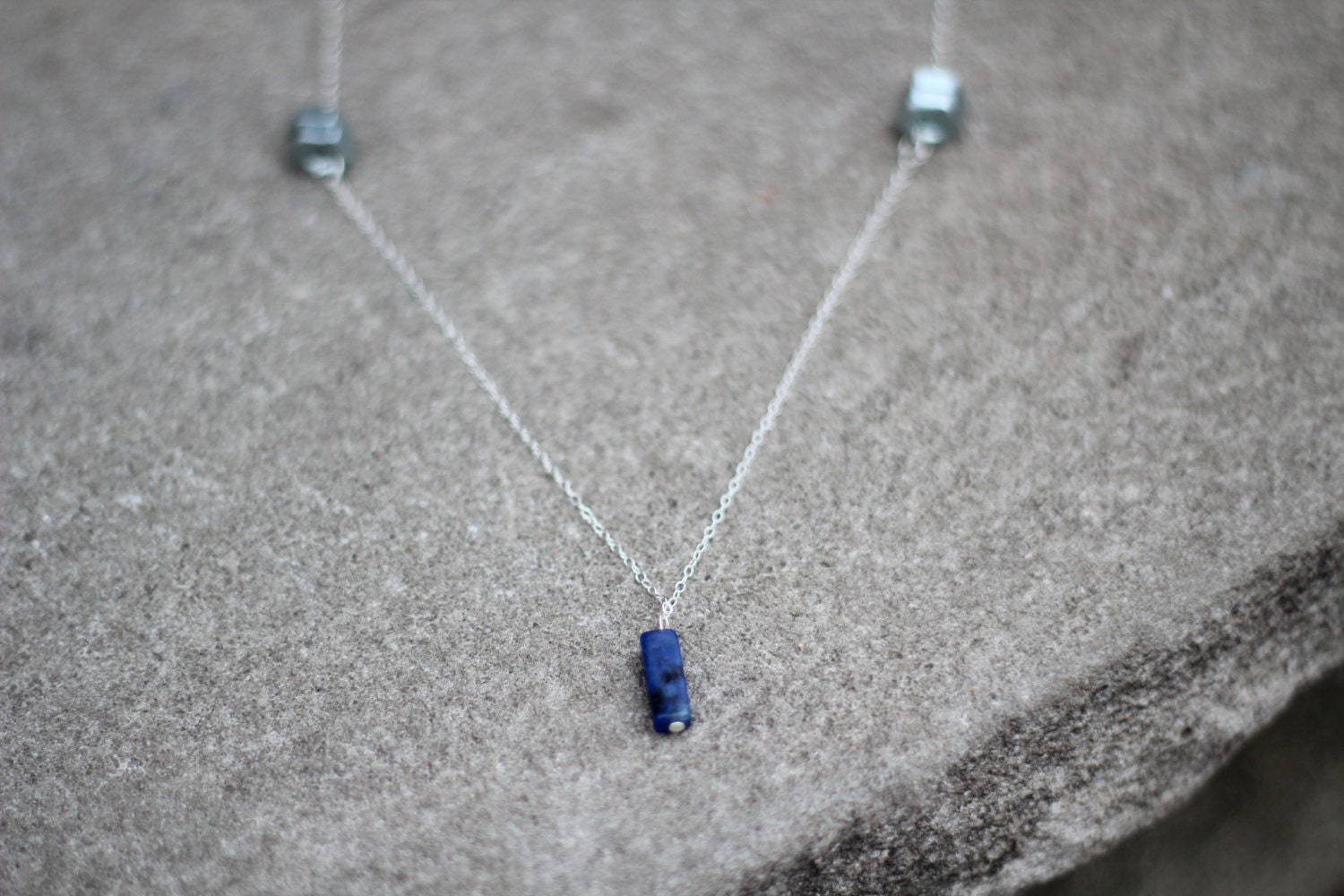 Blue bead & hex nut - blue bar pendant and hex nut necklace - sterling silver chain necklace - women's jewelry